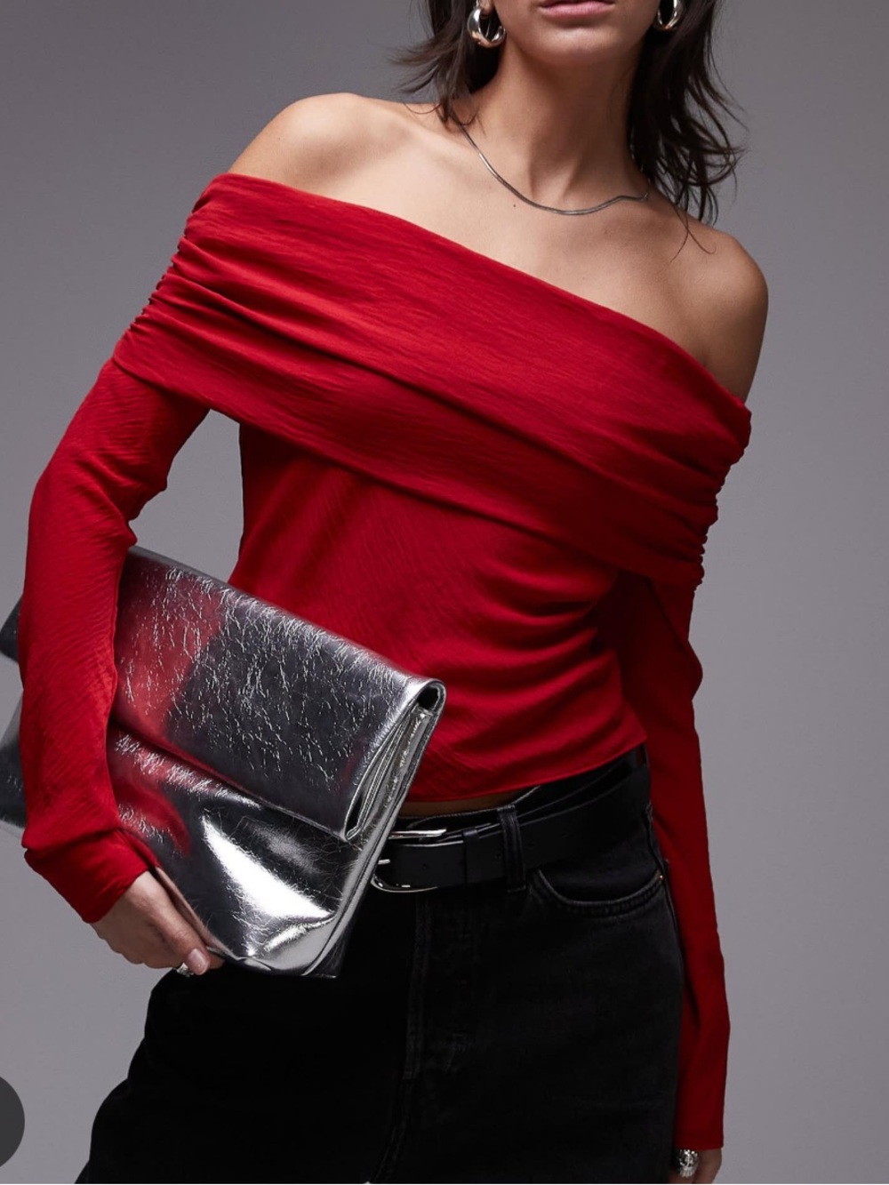 Mango Red Off-Shoulder Long Sleeve Top